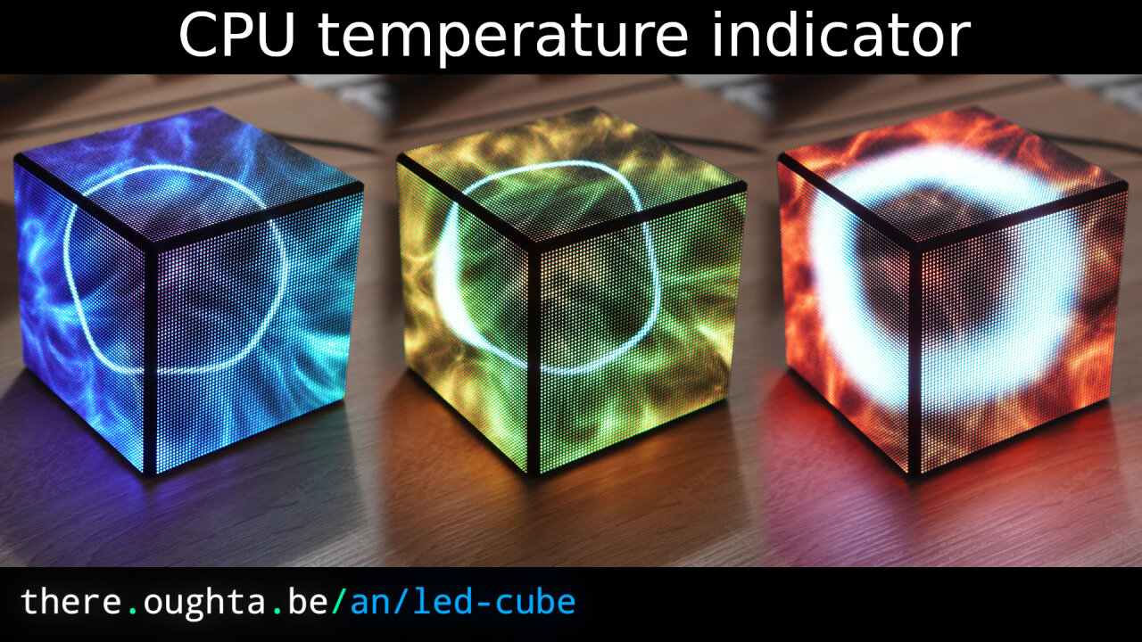 Thumbnail of a youtube video about my LED cube, showing three images of the cube with dominantly blue, then green and finally red color.