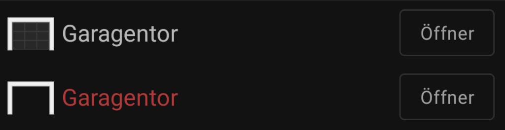 Screenshots of the garage door entry in the OpenHAB sitemap app. One of the two shown entries is highlighted in red.