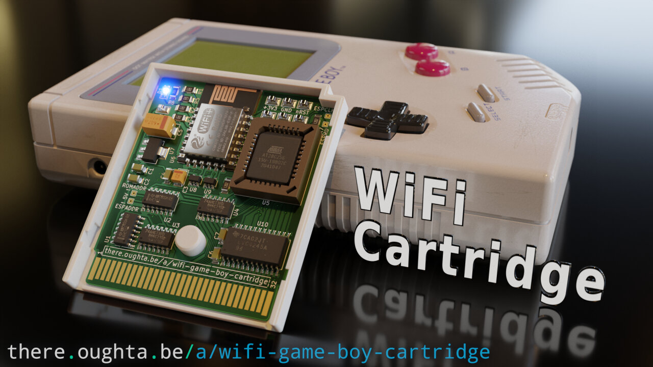 Thumbnail of the youtube video a render image of the cartridge PCB in front of a Game Boy with the text Wifi cartridge next to it.