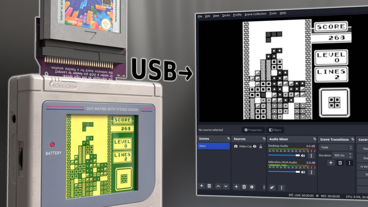 Thumbnail of the youtube video: A render image of a Game Boy showing a game of Tetris in progress. From its top protrudes the PCB of the GB Interceptor with a Tetris cartridge on top. To the right is a label saying USB and an arrow pointing towards a screenshot of OBS showing the same image as the Game Boy.