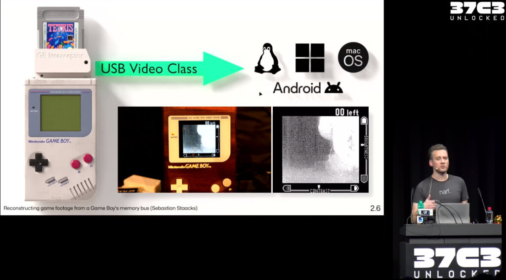 Screenshot from the talk recording, showing a slide and the speaker to the right. The slide shows a Game Boy along with a live image from a Game Boy.