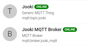 Screenshot two things entries in the OpenHAB interface: Jooki as a Generic MQTT thing and the Jooki MQTT broker.