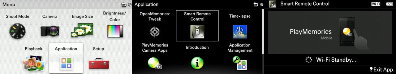 Sequence of menus to access the Wifi remote feature: First the main menu from which you have to pick the application menu, then in the application menu you need to select the smart remote control, which finally leads to the Wifi standby screen.