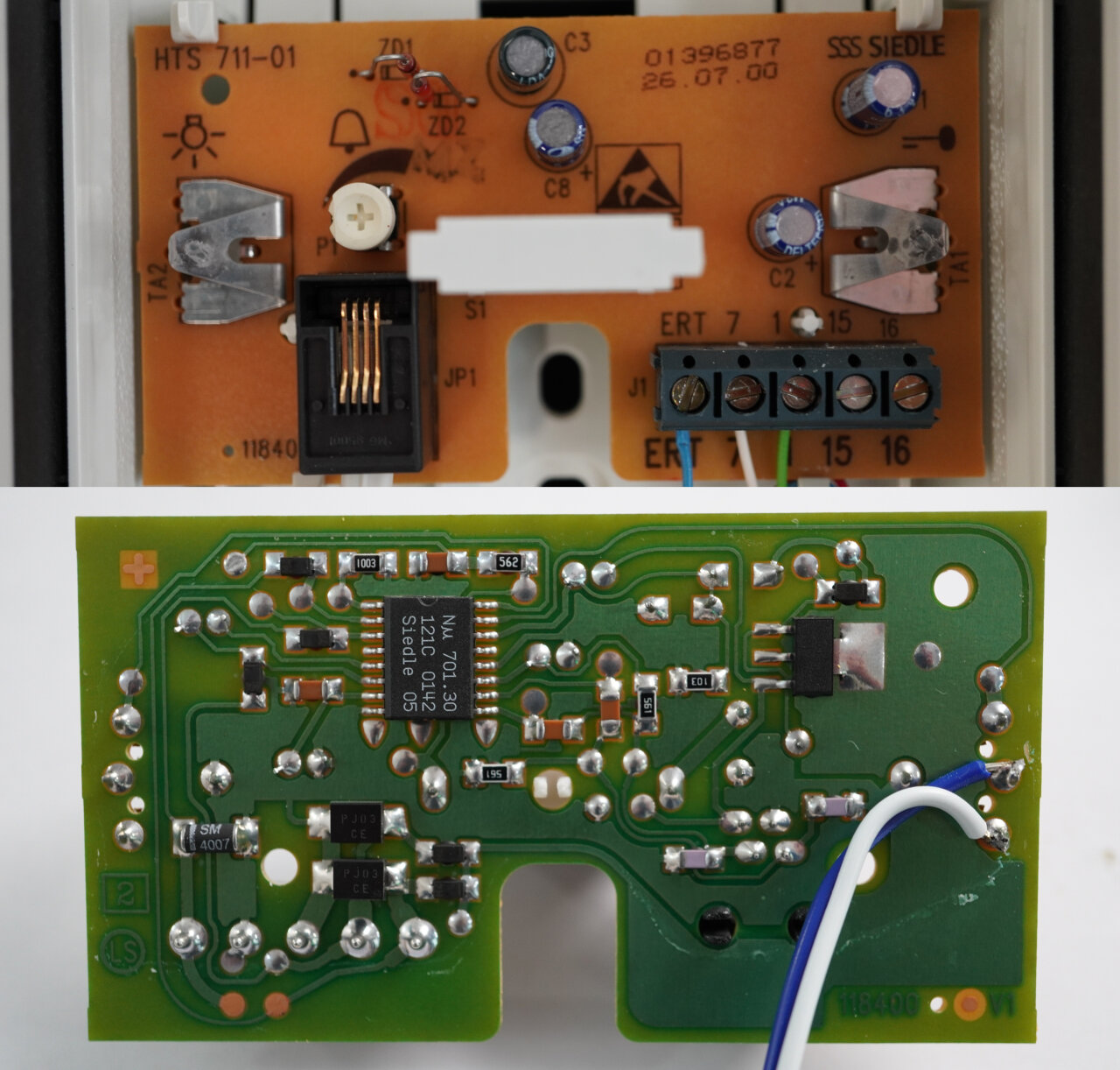Two photos of the original board of the in-house phone. Top: front as it is mounted in the phone. Bottom: Backside with a cable pair soldered to two contacts.