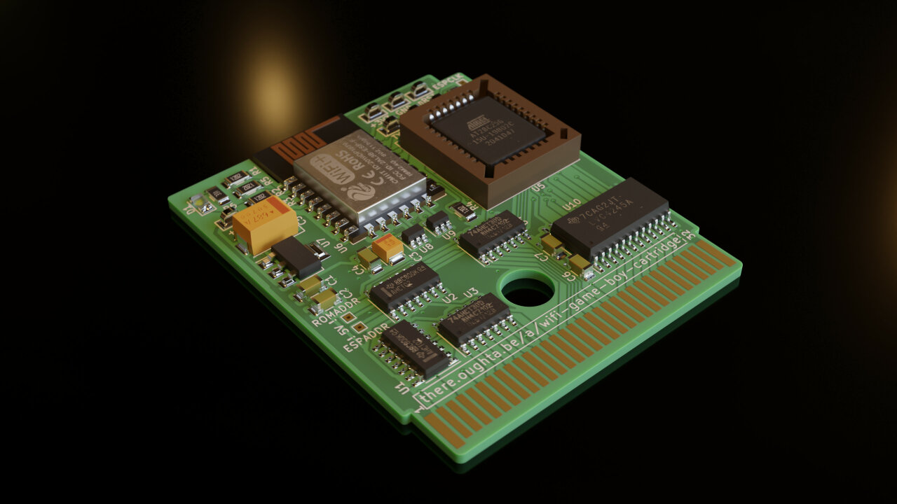 Render image of the PCB on black background, including all components.