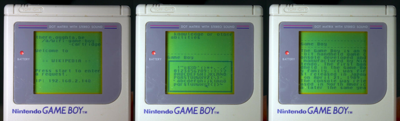 Sequence of three closeup photos of a Game Boy, showing the greeting screen of the Wikipedia demo, followed by a screen with an onscreen keyboard and finally, on the right, the Game Boy showing an excerpt of the Wikipedia article on the topic Game Boy.