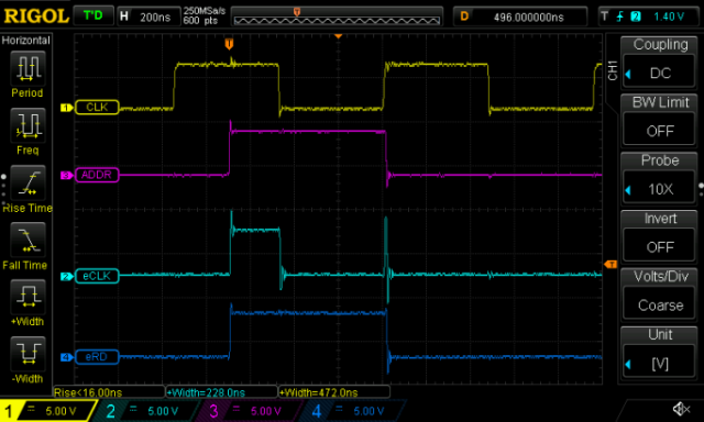 Screenshot of an oscilloscope showing the Game Boy's clock signal, one of its address pins, the ESPCLK signal from the logic gates and the ESPRD signal. The Game Boy's clock signal is periodic at a frequency of 1MHz, but the address signal becomes high only ones, starting at half of a positive period of the clock signal and ending just when it goes high the next time. ESPCLK is clearly a cutout of the original clock signal of exactly the period during which the address pin is high. The ESPRD signal looks identical to the address signal (although this is only true if the corresponding address is set).