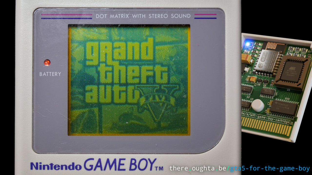 Thumbnail of the youtube video: A photo of an Game Boy showing the GTA 5 title screen with a render of the WiFi cartridge behind it.