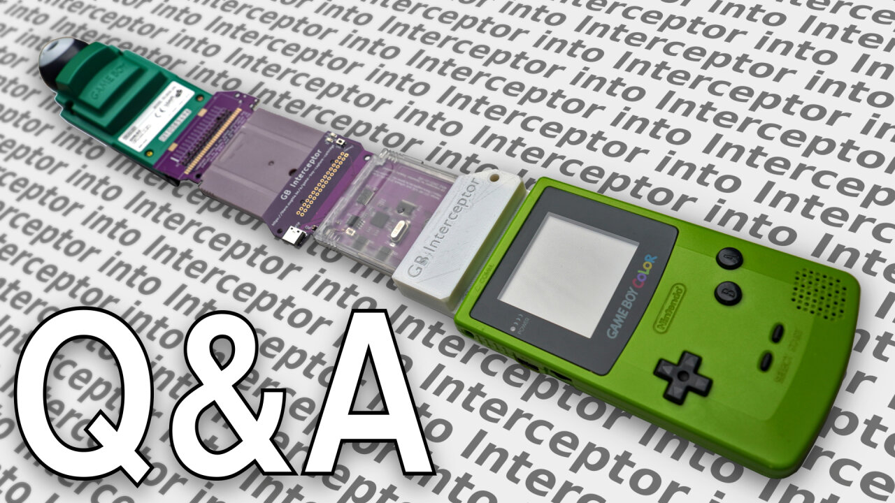 Thumbnail of the youtube video: A photo of a Game Boy Color with a stack of cartridges that is several times longer than the Game Boy itsel. The stack consists of three different GB Interceptors plugged into each other and a Game Boy Camera plugged into the last one.