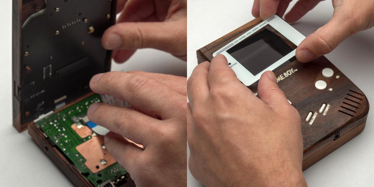 Two photos of the final assembly steps. The left photo shows how bottom and top half are connected with a ribbon cable. The right photo shows how a glass cover with a white bezel is placed into the assembled Game Boy.