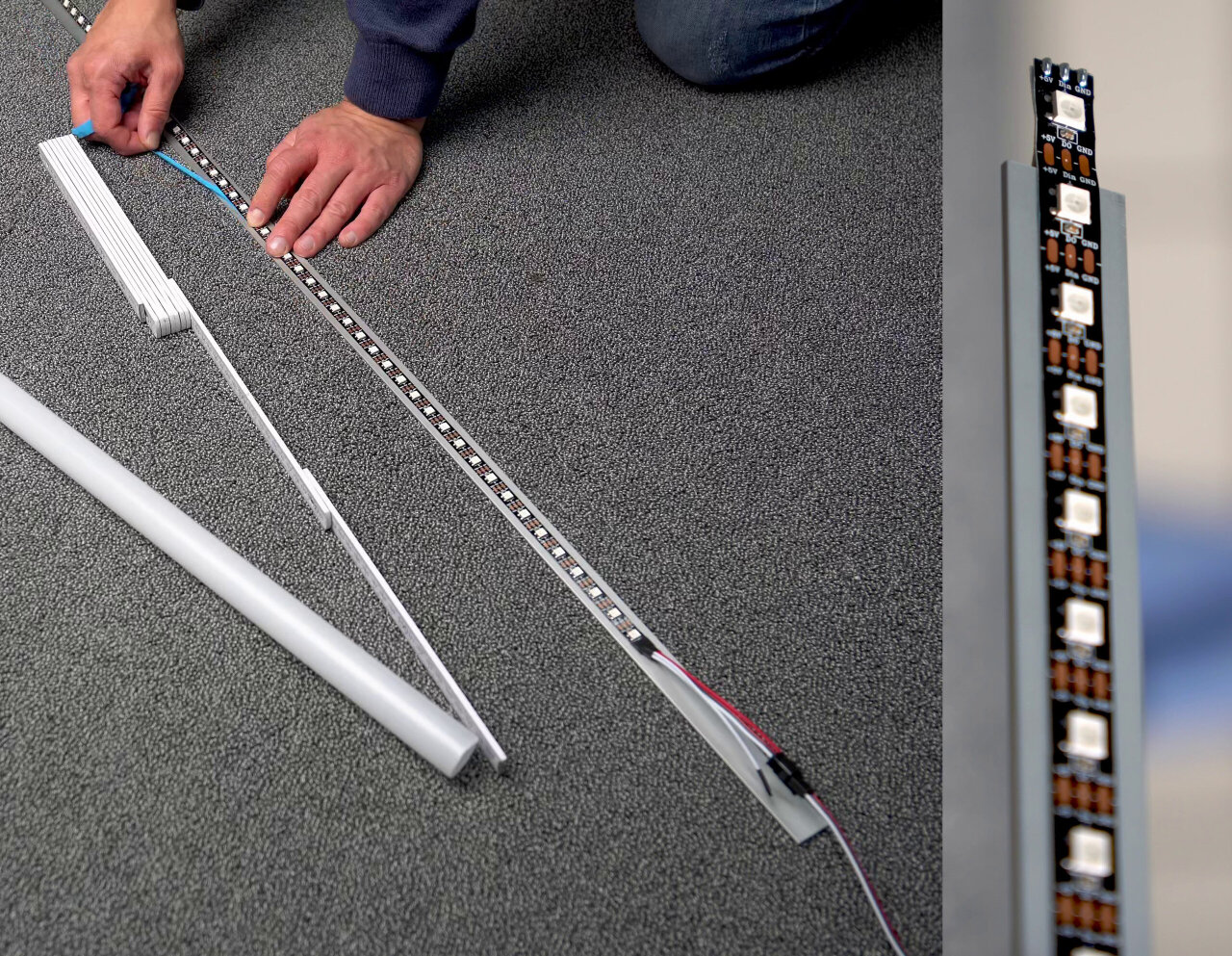 Two photos of the LED strip on the aluminium bar. The left photo shows the bar lying on a grey carpet while a hand presses the self-adhesive LED strip onto it. A diffusor tube and a folding ruler lie next to it and cables run off the end of the bar. The right photo is a close-up of the end of the bar where the strip overhangs slightly, so its solder pads labelled +5V, Din and GND are exposed.