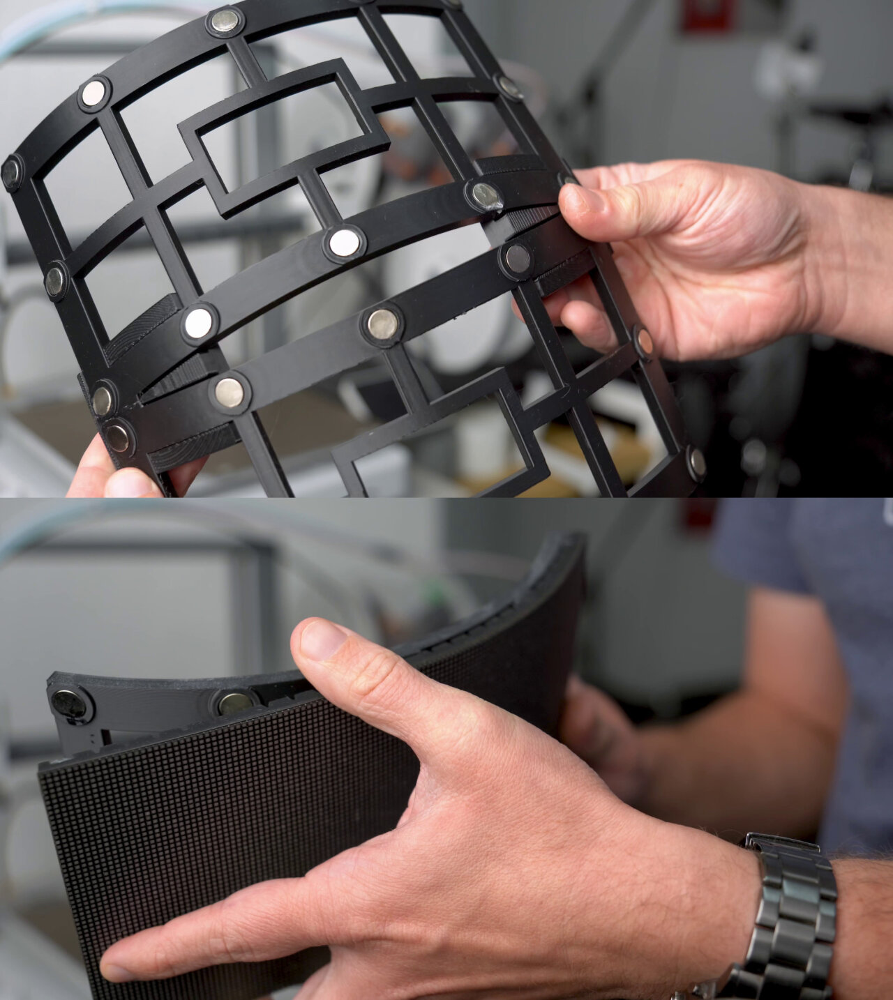 Two photos of the panel assembly. The top photo shows a grid-like curved mount with several magnets that can hold two panels. The bottom photo shows the process of attaching a panel where it is already curved flush against the mount while the magnet in the front has not yet snapped in place.